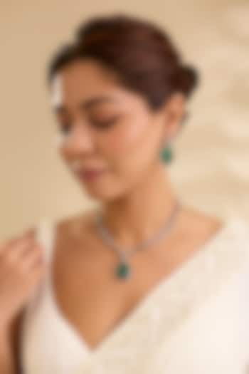Silver Finish Oval-Shaped Green Gemstone Pendant Necklace Set by Aura Trends at Pernia's Pop Up Shop