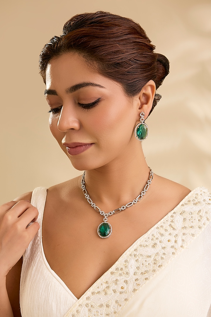 Silver Finish Oval-Shaped Green Gemstone Pendant Necklace Set by Aura Trends at Pernia's Pop Up Shop
