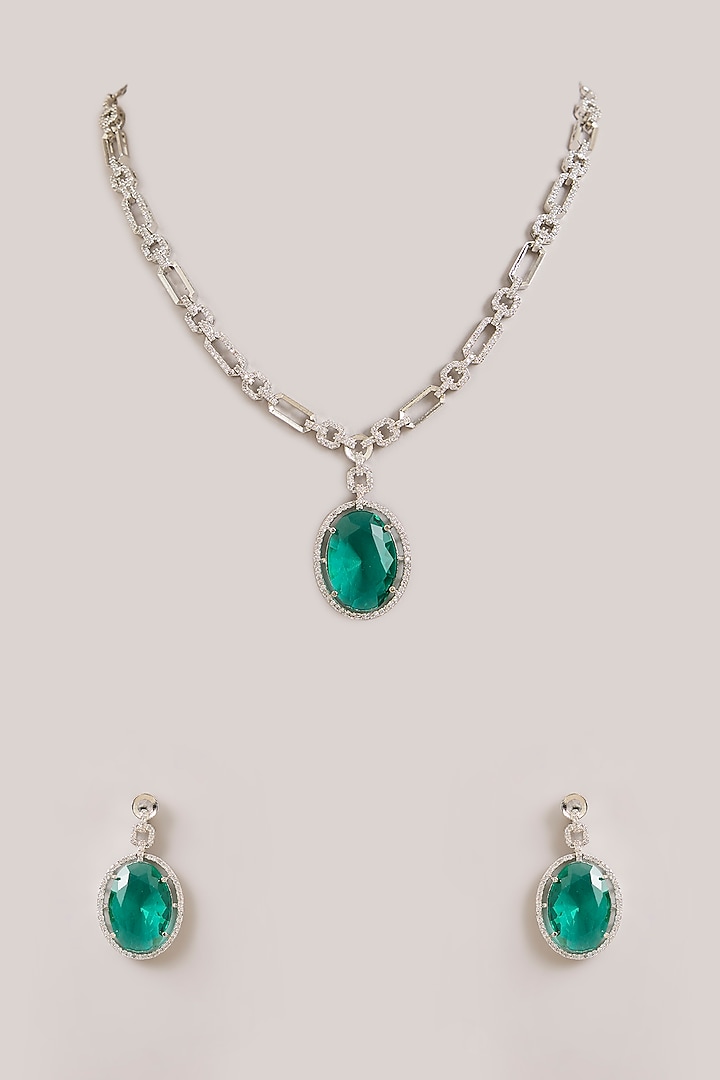 Silver Finish Oval-Shaped Green Gemstone Pendant Necklace Set by Aura Trends at Pernia's Pop Up Shop