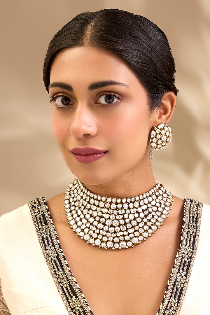 Gold Finish Kundan Polki Choker Necklace Set by Aura Trends at Pernia's Pop Up Shop