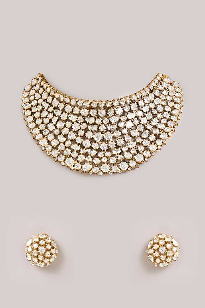Gold Finish Kundan Polki Choker Necklace Set by Aura Trends at Pernia's Pop Up Shop
