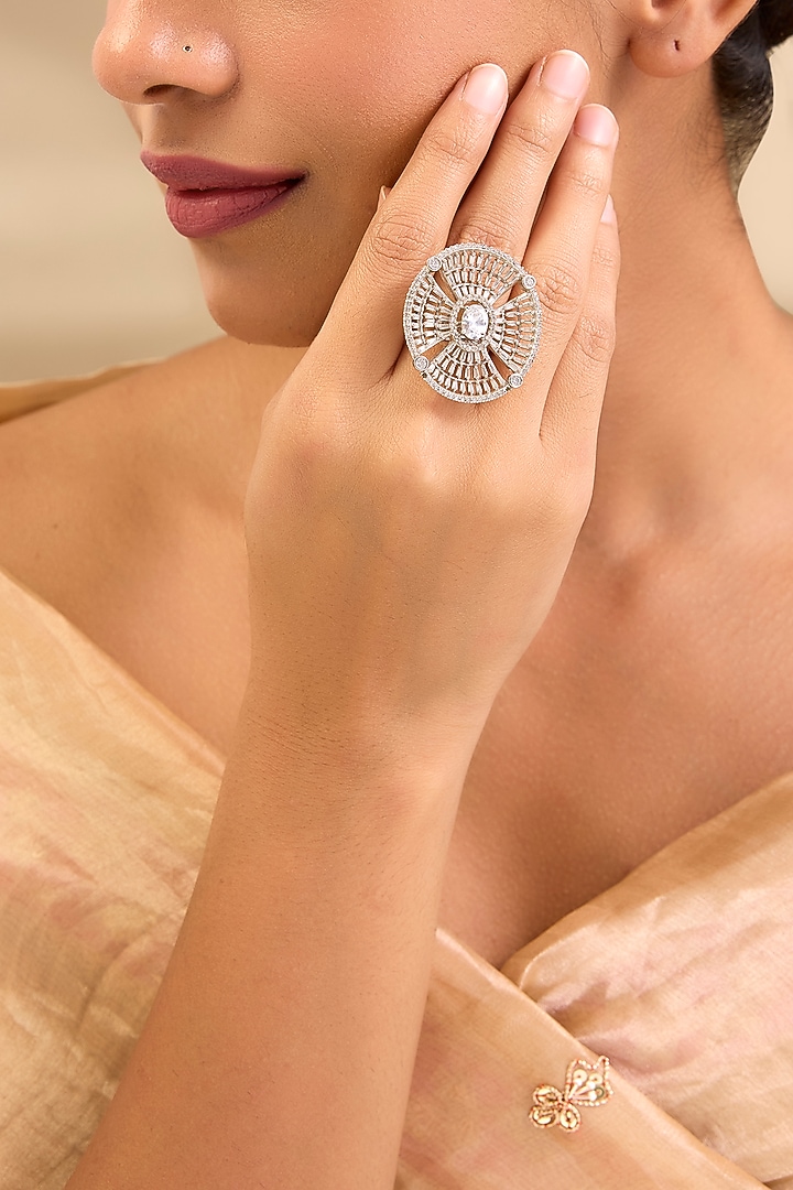 Silver Finish Kundan Polki & Crystal Filigree Ring by Aura Trends at Pernia's Pop Up Shop
