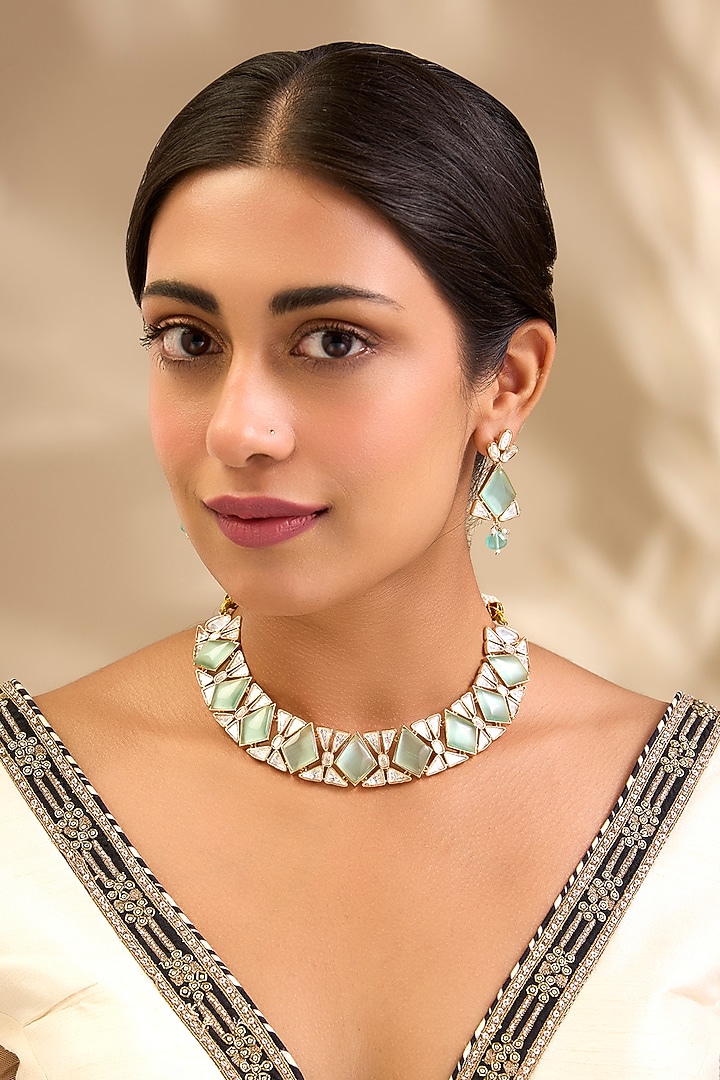 Gold Finish Kundan Polki & Mint Green Meenakari Choker Necklace Set by Aura Trends at Pernia's Pop Up Shop