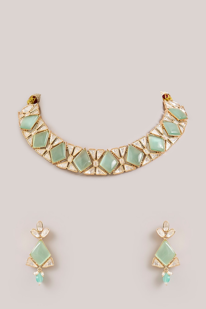 Gold Finish Kundan Polki & Mint Green Meenakari Choker Necklace Set by Aura Trends at Pernia's Pop Up Shop