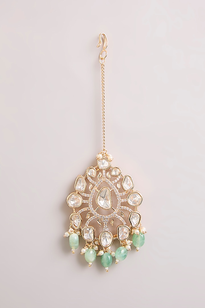Gold Finish Kundan Polki & Green Beaded Maangtikka by Aura Trends at Pernia's Pop Up Shop