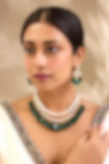 Gold Finish Kundan Polki & Emerald Beaded Layered Necklace Set by Aura Trends at Pernia's Pop Up Shop