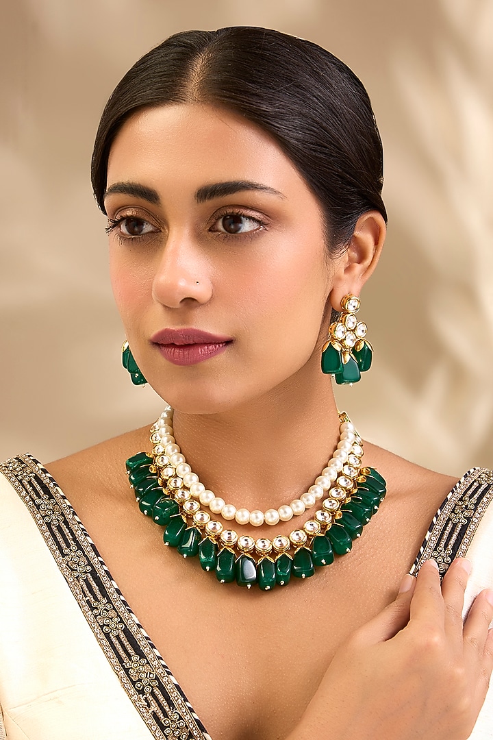 Gold Finish Kundan Polki & Emerald Beaded Layered Necklace Set by Aura Trends at Pernia's Pop Up Shop