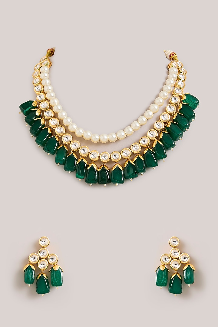 Gold Finish Kundan Polki & Emerald Beaded Layered Necklace Set by Aura Trends at Pernia's Pop Up Shop