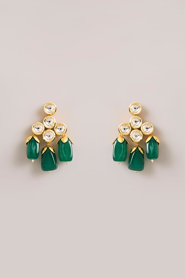 Gold Finish Kundan Polki & Emerald Beaded Layered Necklace Set by Aura Trends at Pernia's Pop Up Shop