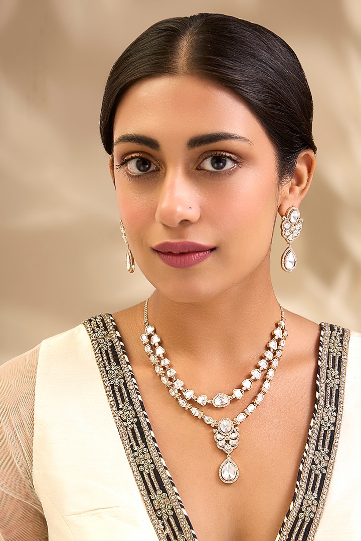 Gold Finish Kundan Polki Layered Necklace Set by Aura Trends at Pernia's Pop Up Shop