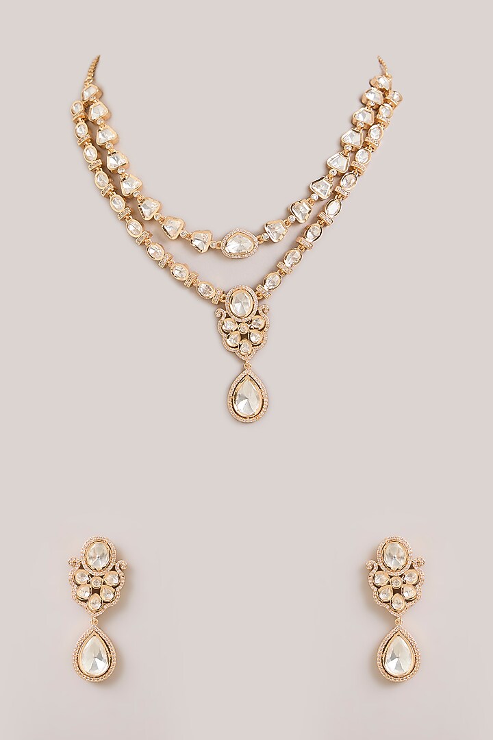 Gold Finish Kundan Polki Layered Necklace Set by Aura Trends at Pernia's Pop Up Shop