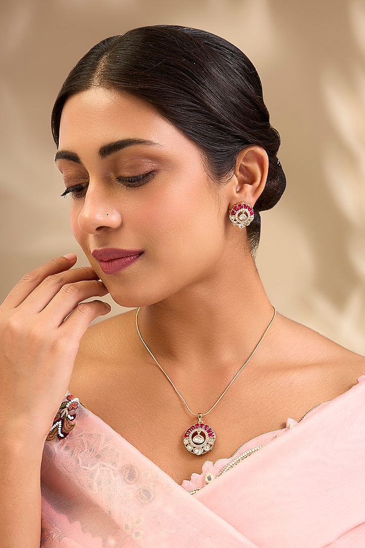 Gold Finish Kundan Polki & Pink Gemstone Pendant Necklace Set by Aura Trends at Pernia's Pop Up Shop