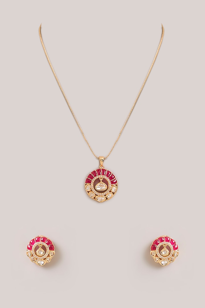 Gold Finish Kundan Polki & Pink Gemstone Pendant Necklace Set by Aura Trends at Pernia's Pop Up Shop