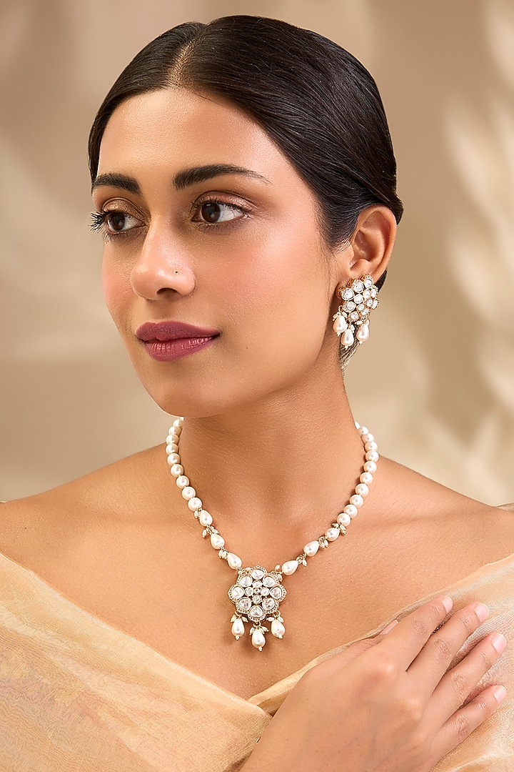 Gold Finish Kundan Polki & Pearl Beaded Necklace Set by Aura Trends at Pernia's Pop Up Shop