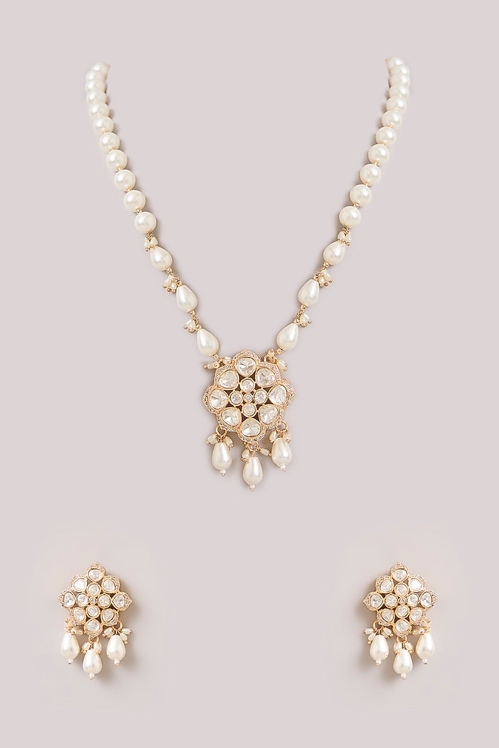 Gold Finish Kundan Polki & Pearl Beaded Necklace Set by Aura Trends at Pernia's Pop Up Shop