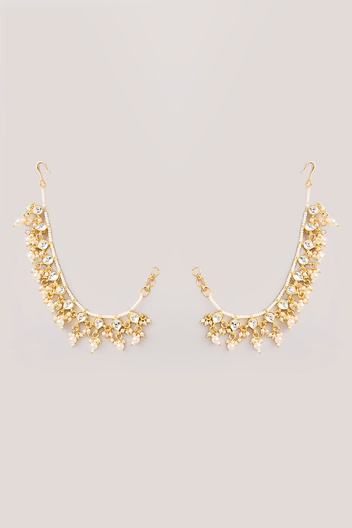 Gold Finish Kundan Polki & Pearl Drop Earchains by Aura Trends at Pernia's Pop Up Shop