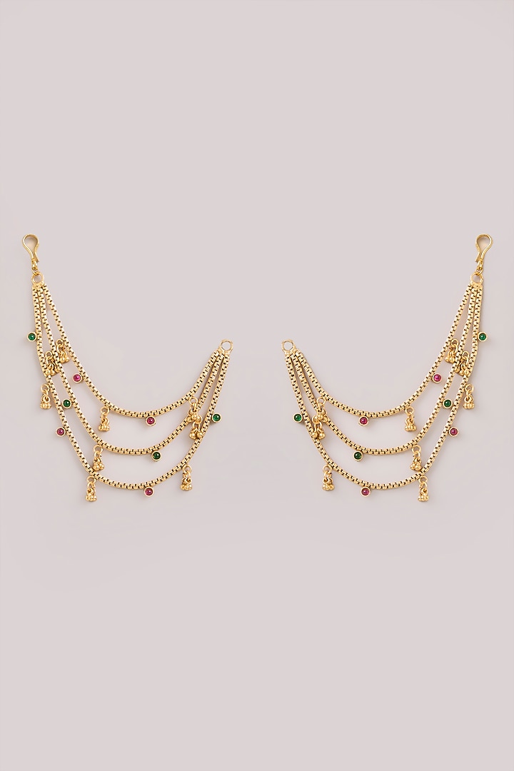 Gold Finish Kundan Polki & Multi-Colored Stone Earchains by Aura Trends at Pernia's Pop Up Shop