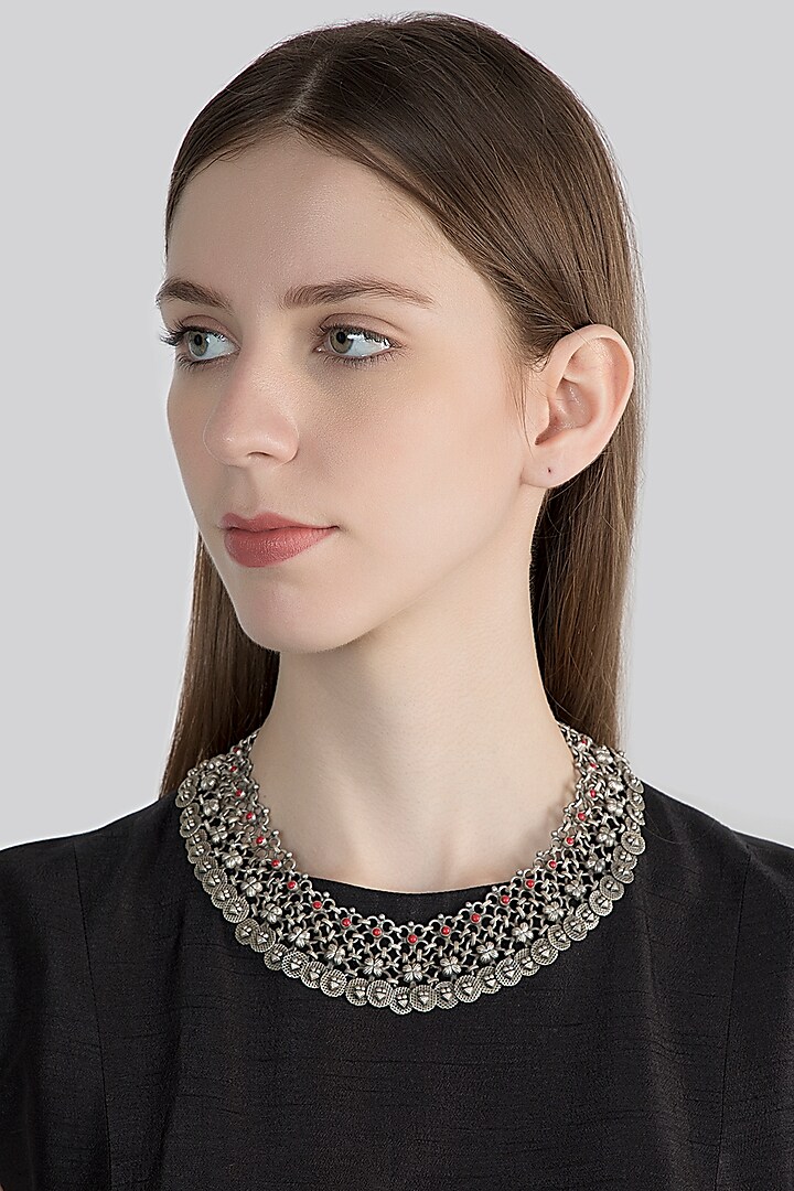 Oxidised Silver Finish Choker Necklace by Auraa Trends Silver Jewellery
