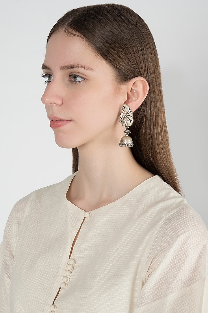 Oxidised Silver Finish Long Earrings by Auraa Trends Silver Jewellery