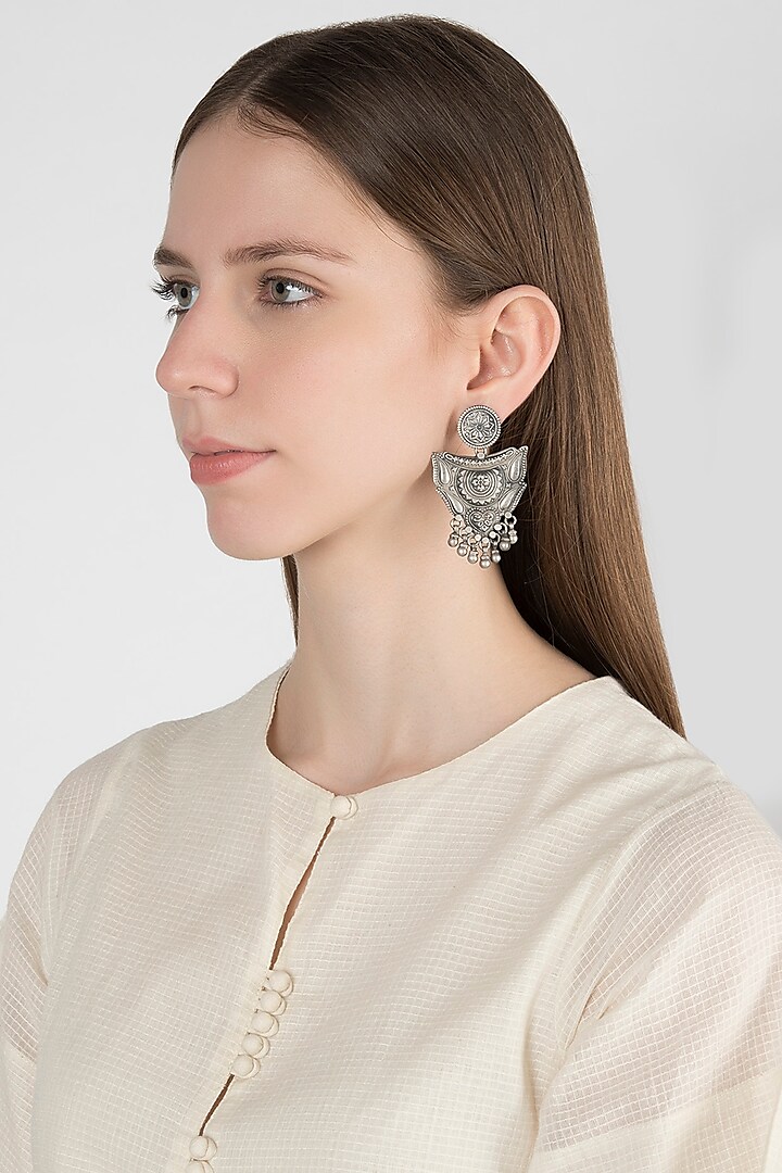 Oxidised Silver Finish Dangler Lotus Drop Earrings by Auraa Trends Silver Jewellery