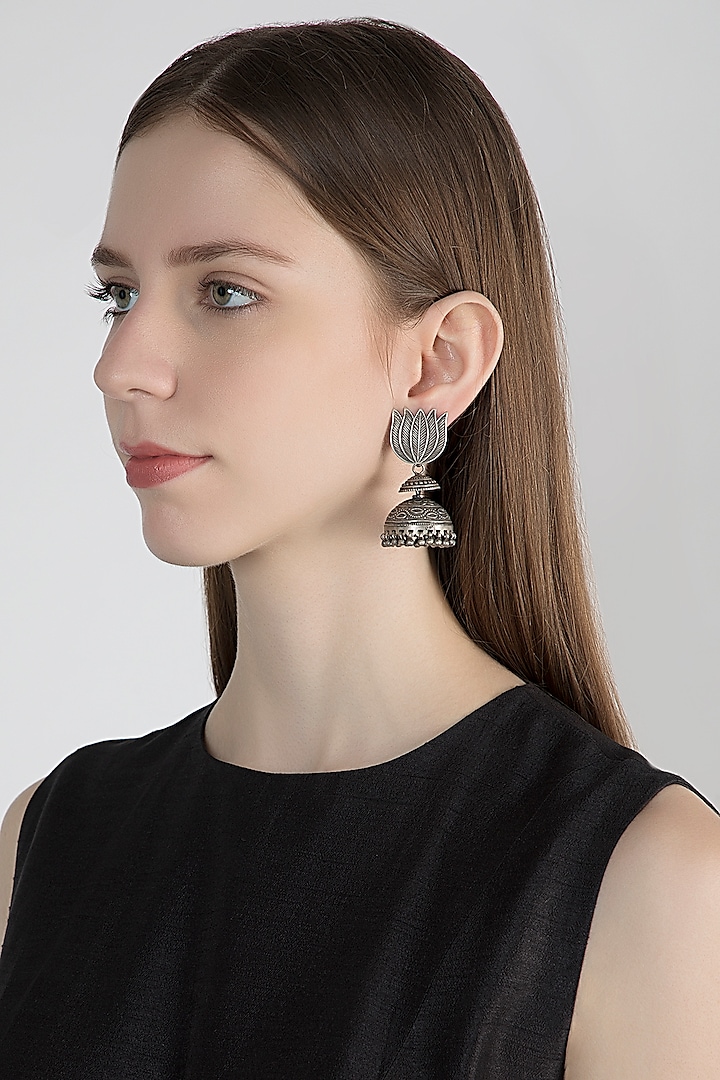Oxidised Silver Finish Lotus Earrings by Auraa Trends Silver Jewellery