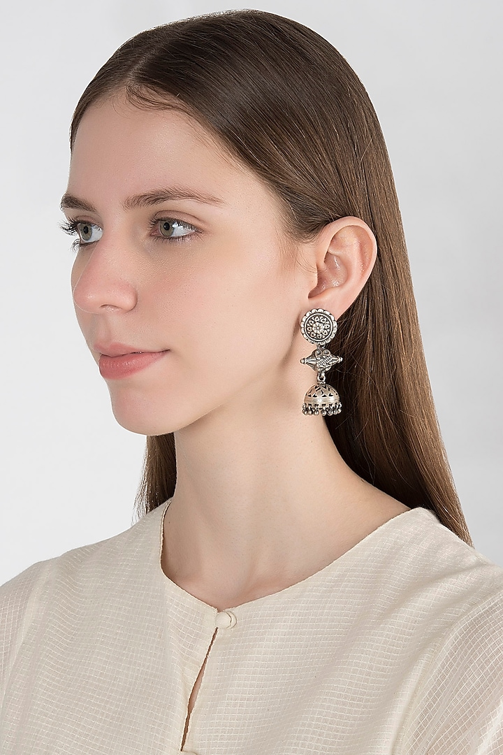Oxidised Silver Finish Long Drop Earrings by Auraa Trends Silver Jewellery