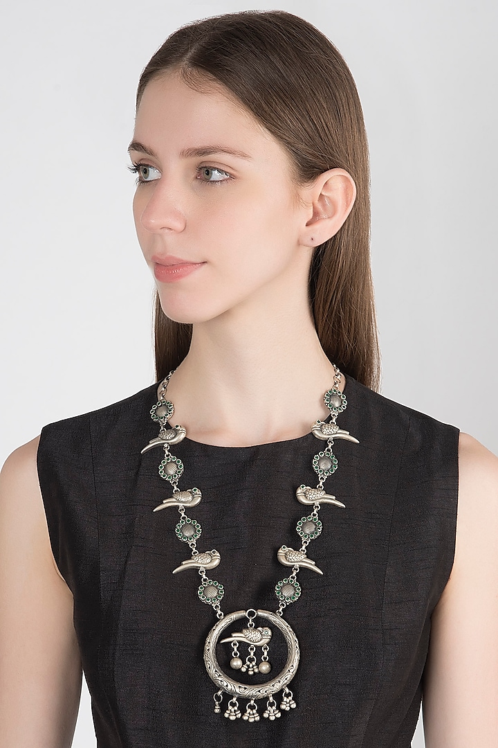 Oxidised Silver Finish Bird Necklace by Auraa Trends Silver Jewellery