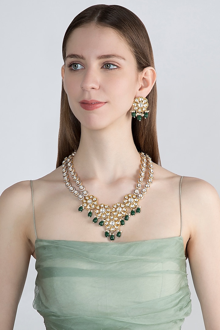 Gold Finish Green Onyx Necklace Set by Auraa Trends