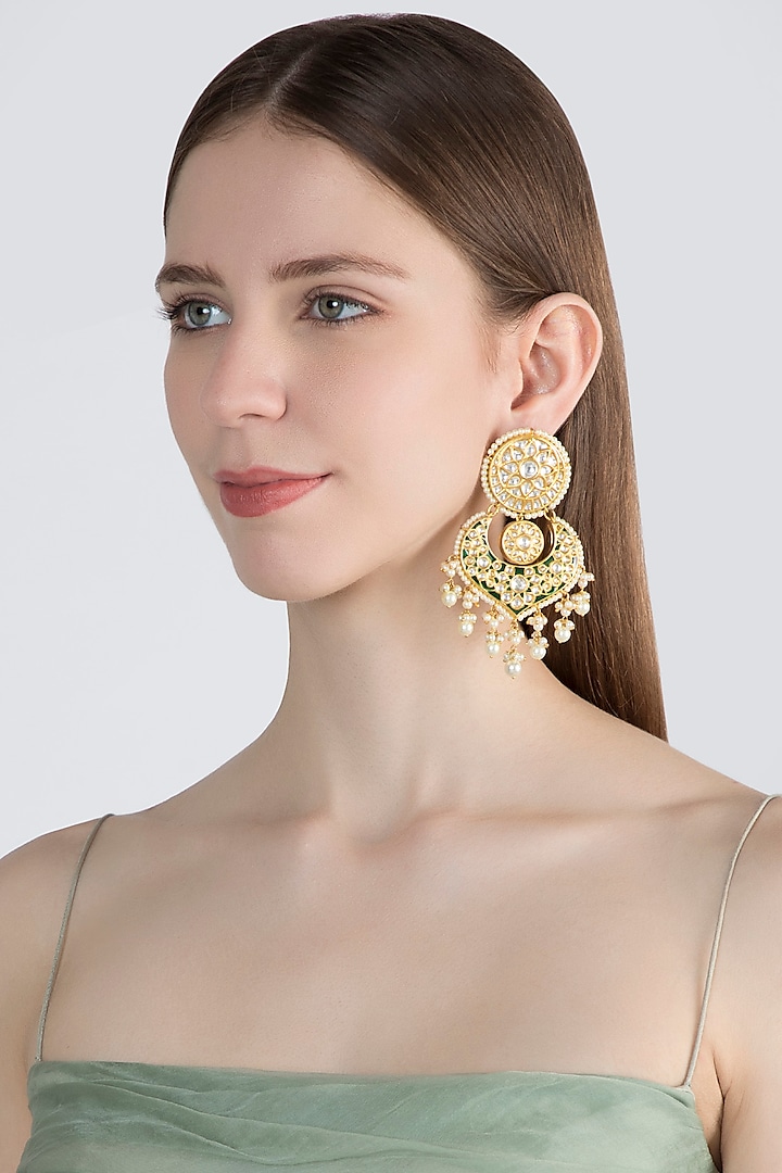 Gold Finish Green Onyx Chandbali Earrings by Auraa Trends