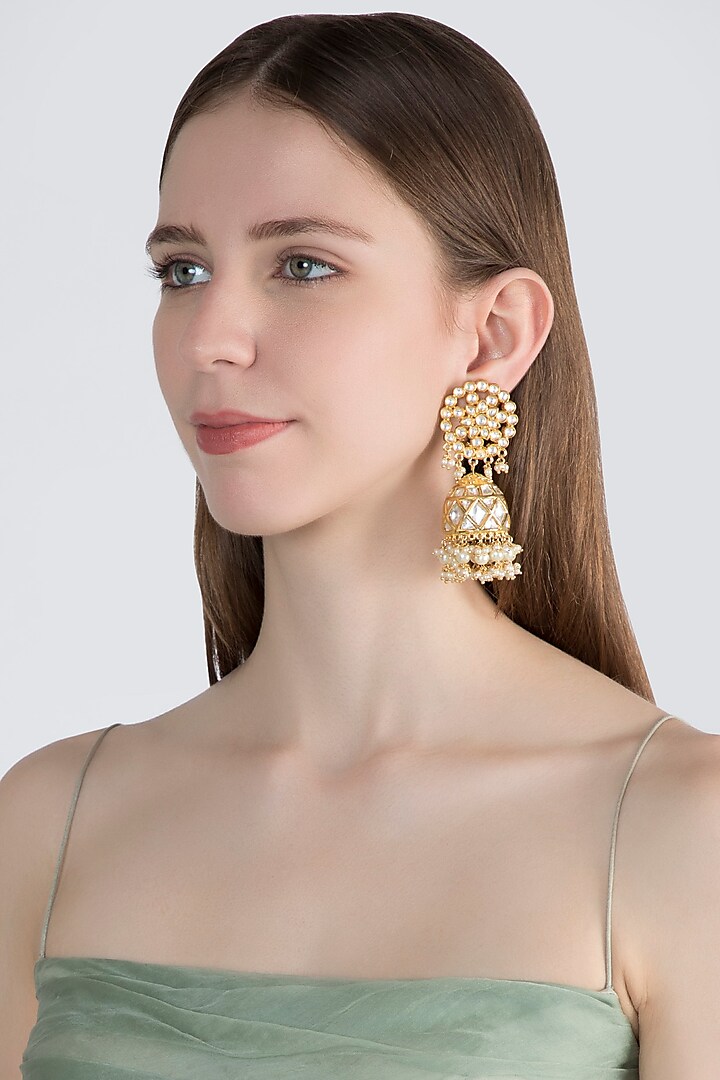 Gold Finish Kundan Jhumka Earrings by Auraa Trends