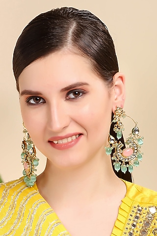 Gold Plated Kundan Polki & Pearls Chaandbali Earrings by Aura Trends