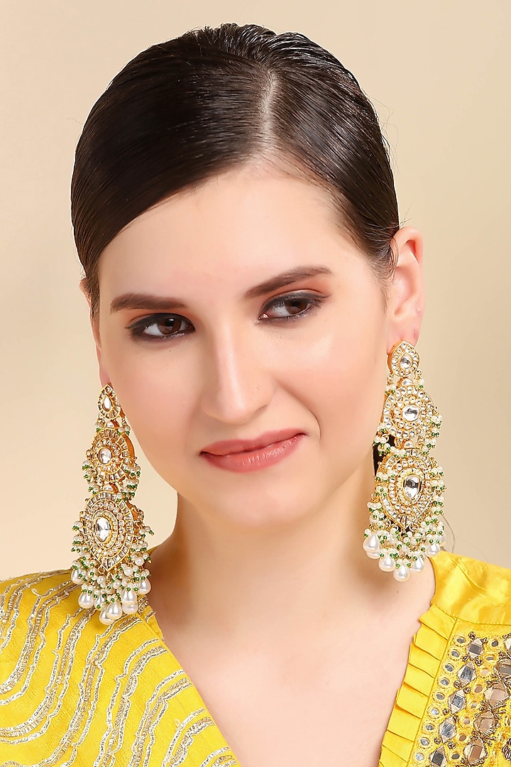 Gold Plated Kundan Polki Dangler Earrings by Auraa Trends