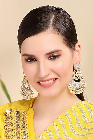 Gold Plated Chaandbali Earrings With Kundan Polki by Aura Trends