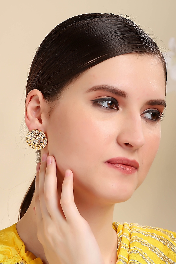 Gold Plated Kundan Polki Stud Earrings by Auraa Trends
