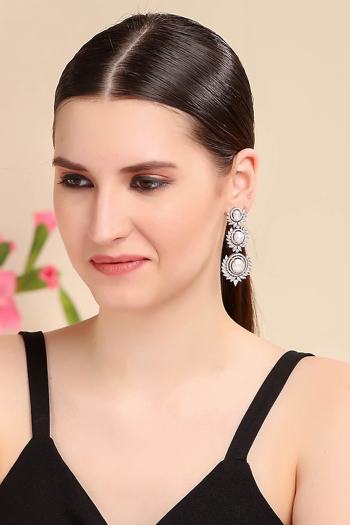 Silver Finish Dangler Earrings With Pearls by Auraa Trends