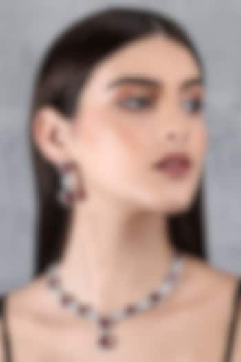 White Rhodium Finish American Diamond & Red Zircon Necklace Set by Auraa Trends at Pernia's Pop Up Shop
