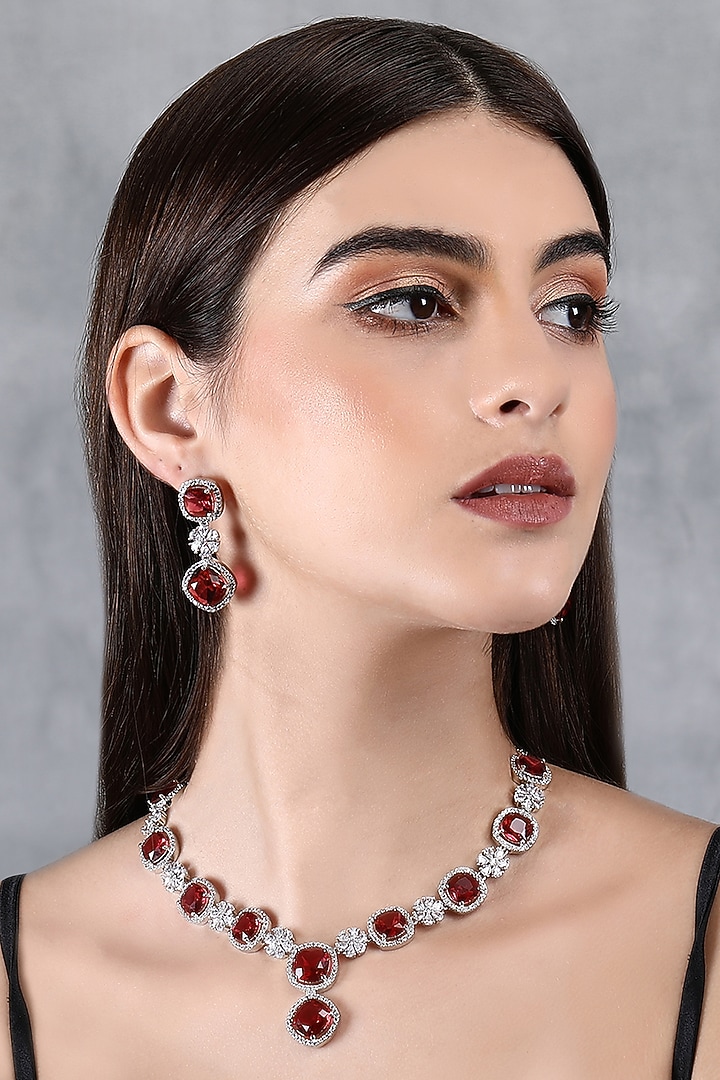 White Rhodium Finish American Diamond & Red Zircon Necklace Set by Auraa Trends at Pernia's Pop Up Shop