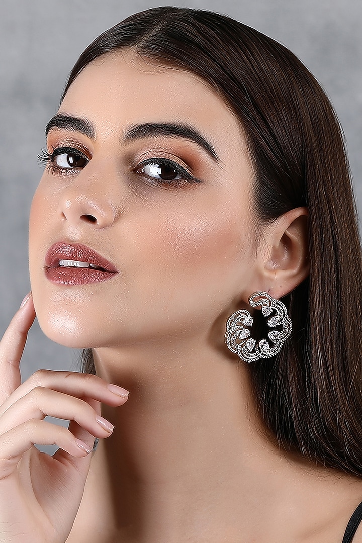 White Rhodium Finish American Diamond & Zircon Hoop Earrings by Aura Trends at Pernia's Pop Up Shop