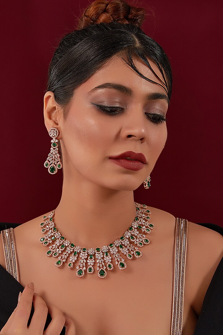 White Rhodium Finish White & Green Zircon Necklace Set by Auraa Trends at Pernia's Pop Up Shop