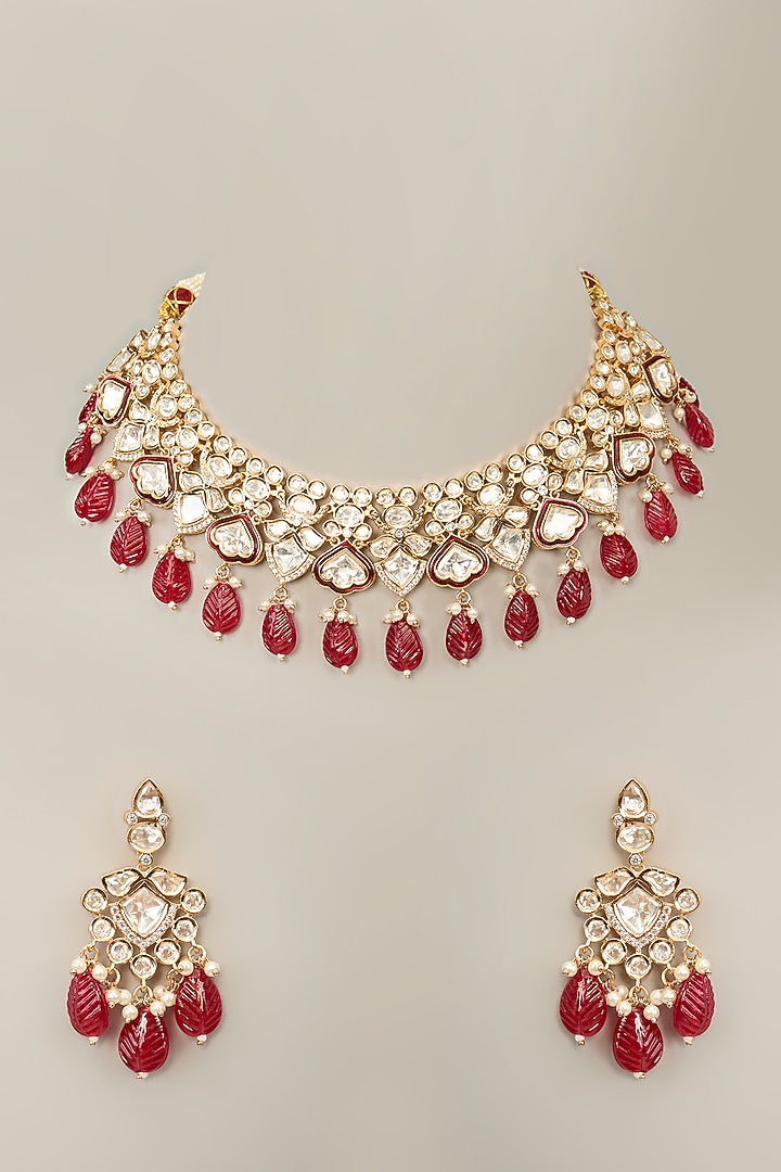 Gold Finish Kundan Polki & Red Stone Necklace Set by Aura Trends at Pernia's Pop Up Shop