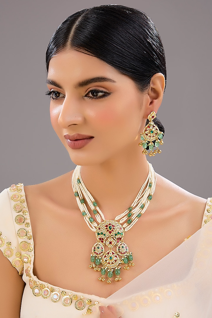 Gold Finish Kundan Polki & Pearl Necklace Set by Aura Trends at Pernia's Pop Up Shop