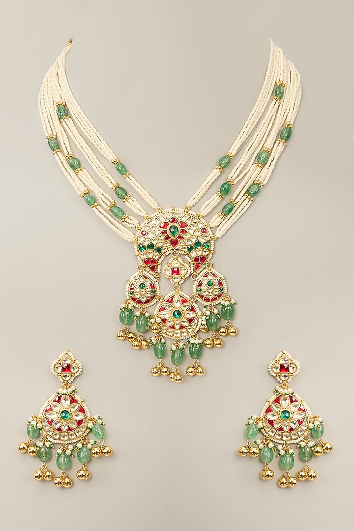 Gold Finish Kundan Polki & Pearl Necklace Set by Aura Trends at Pernia's Pop Up Shop
