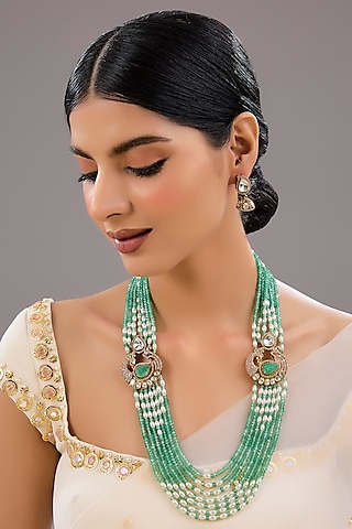Two-Tone Finish Kundan Polki & Pearl Long Necklace Set by Aura Trends