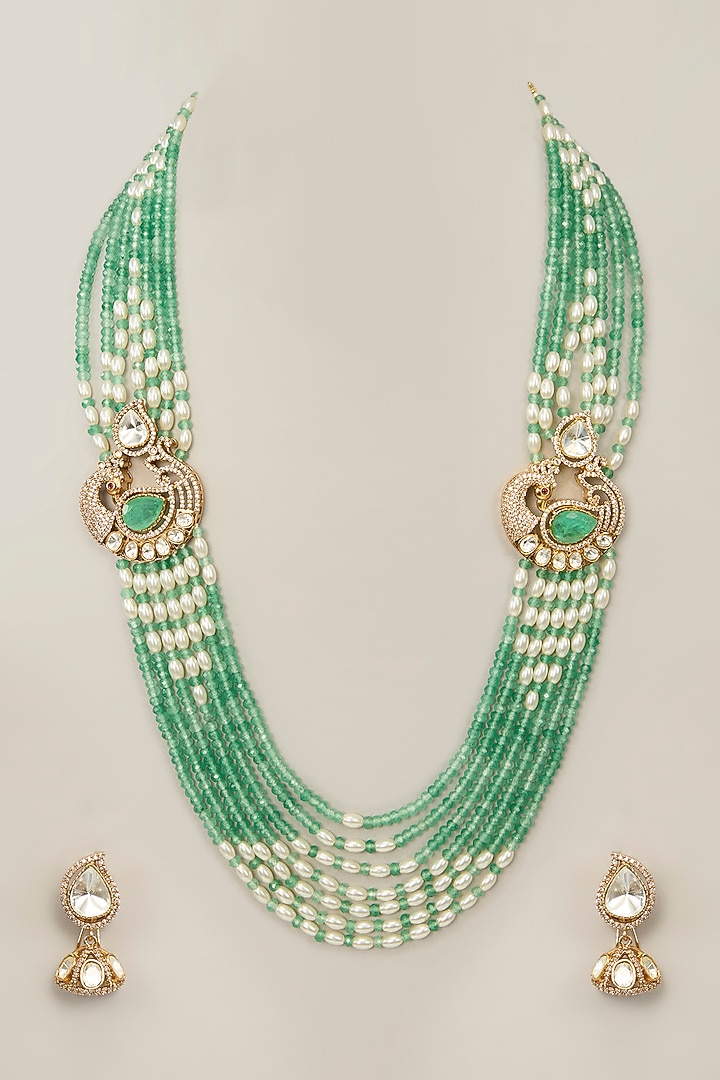 Two-Tone Finish Kundan Polki & Pearl Long Necklace Set by Aura Trends at Pernia's Pop Up Shop