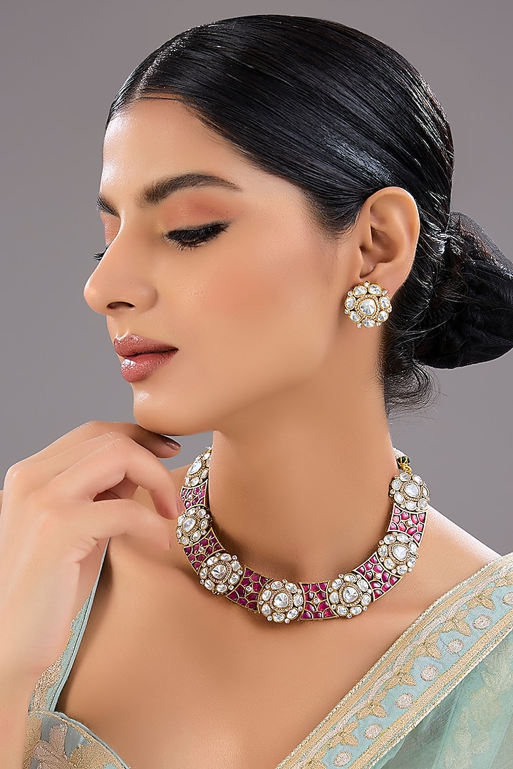 Rose Gold Finish Kundan Polki Necklace Set by Auraa Trends at Pernia's Pop Up Shop