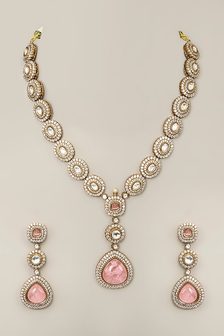 Two-Tone Finish Pink Zircon Beaded Necklace Set by Aura Trends at Pernia's Pop Up Shop