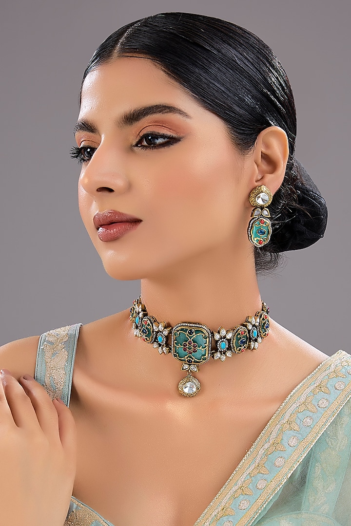 Gold Finish Kundan Polki & Green Stone Necklace Set by Aura Trends at Pernia's Pop Up Shop