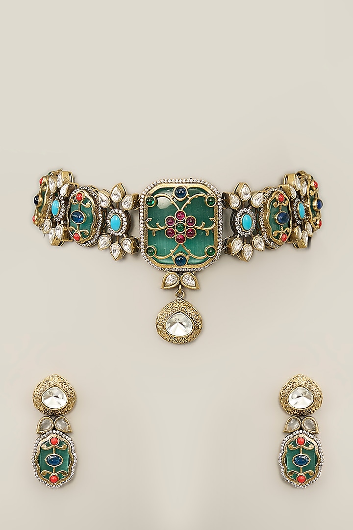 Gold Finish Kundan Polki & Green Stone Necklace Set by Aura Trends at Pernia's Pop Up Shop