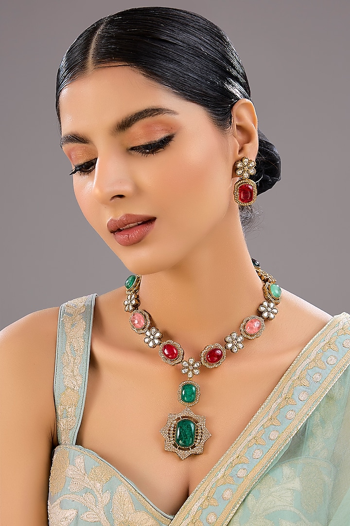 Two-Tone Finish Kundan Polki & Red Stone Necklace Set by Aura Trends at Pernia's Pop Up Shop