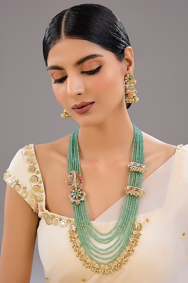 Two-Tone Finish Kundan Polki & Green Stone Long Mala Set by Auraa Trends at Pernia's Pop Up Shop